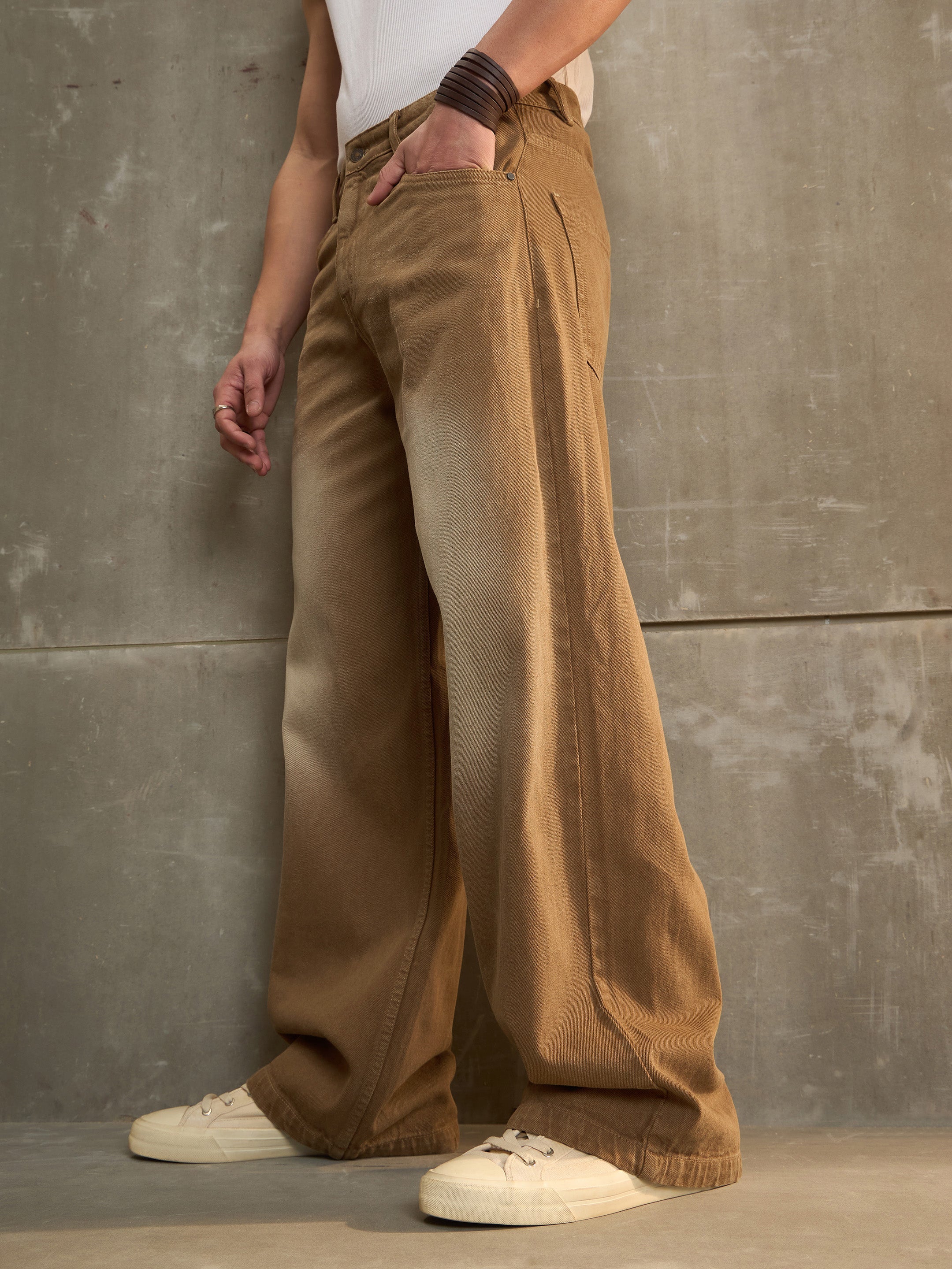 Men Brown Washed Basic Wide Leg Jeans-MSJEAN0697