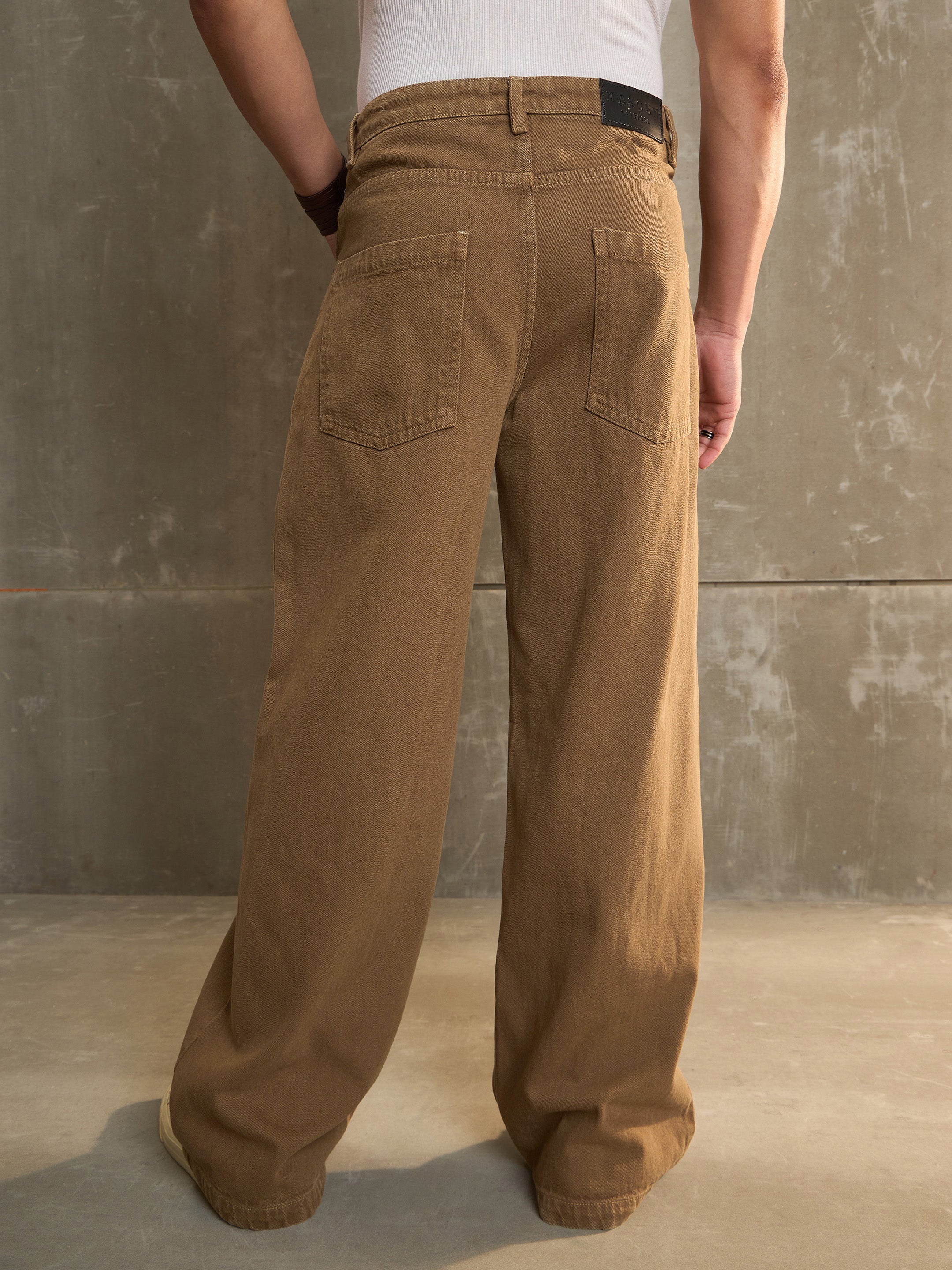 Men Brown Washed Basic Wide Leg Jeans-MSJEAN0697