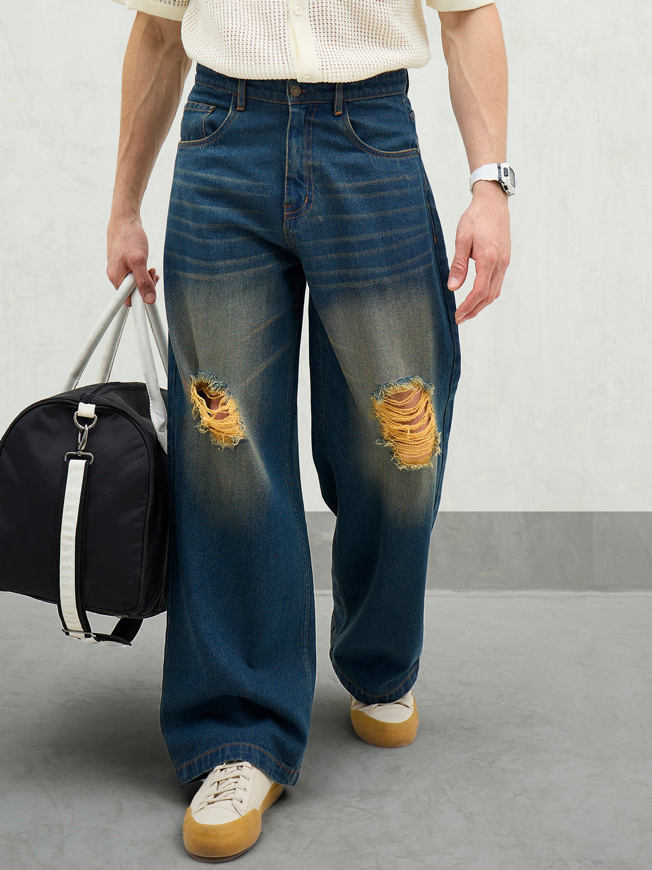 Men Blue Washed Knee Distressed Wide Leg Jeans-MSJEAN0737