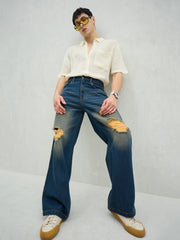 Men Blue Washed Knee Distressed Wide Leg Jeans-MSJEAN0737