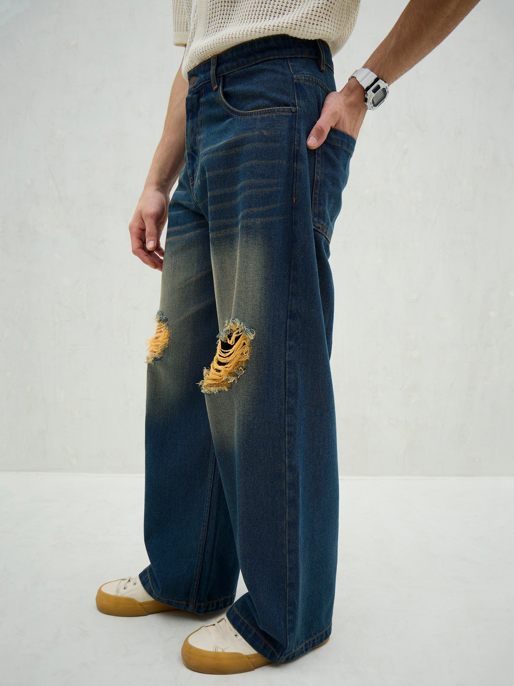 Men Blue Washed Knee Distressed Wide Leg Jeans-MSJEAN0737