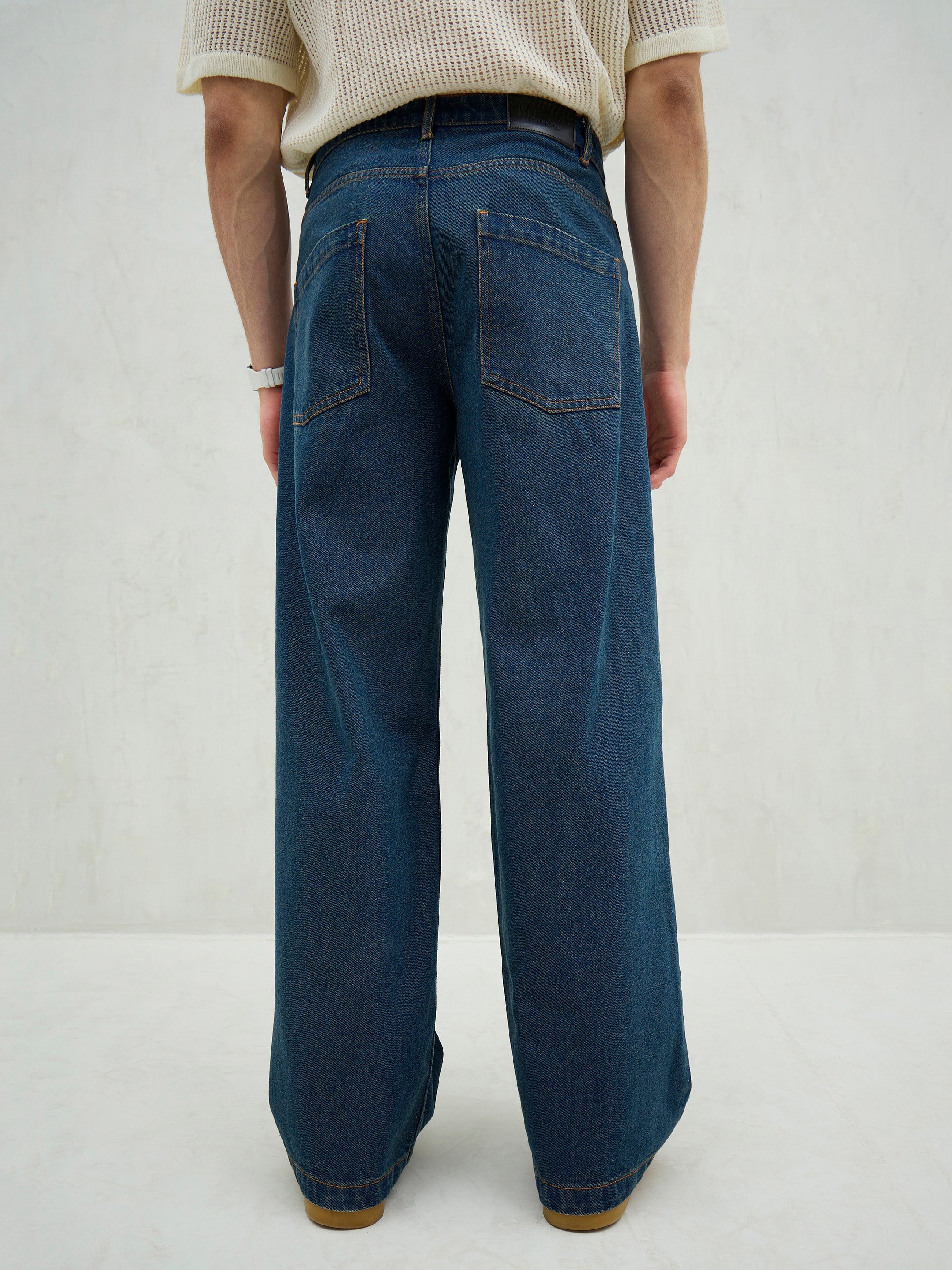 Men Blue Washed Knee Distressed Wide Leg Jeans-MSJEAN0737