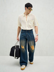 Men Blue Washed Knee Distressed Wide Leg Jeans-MSJEAN0737