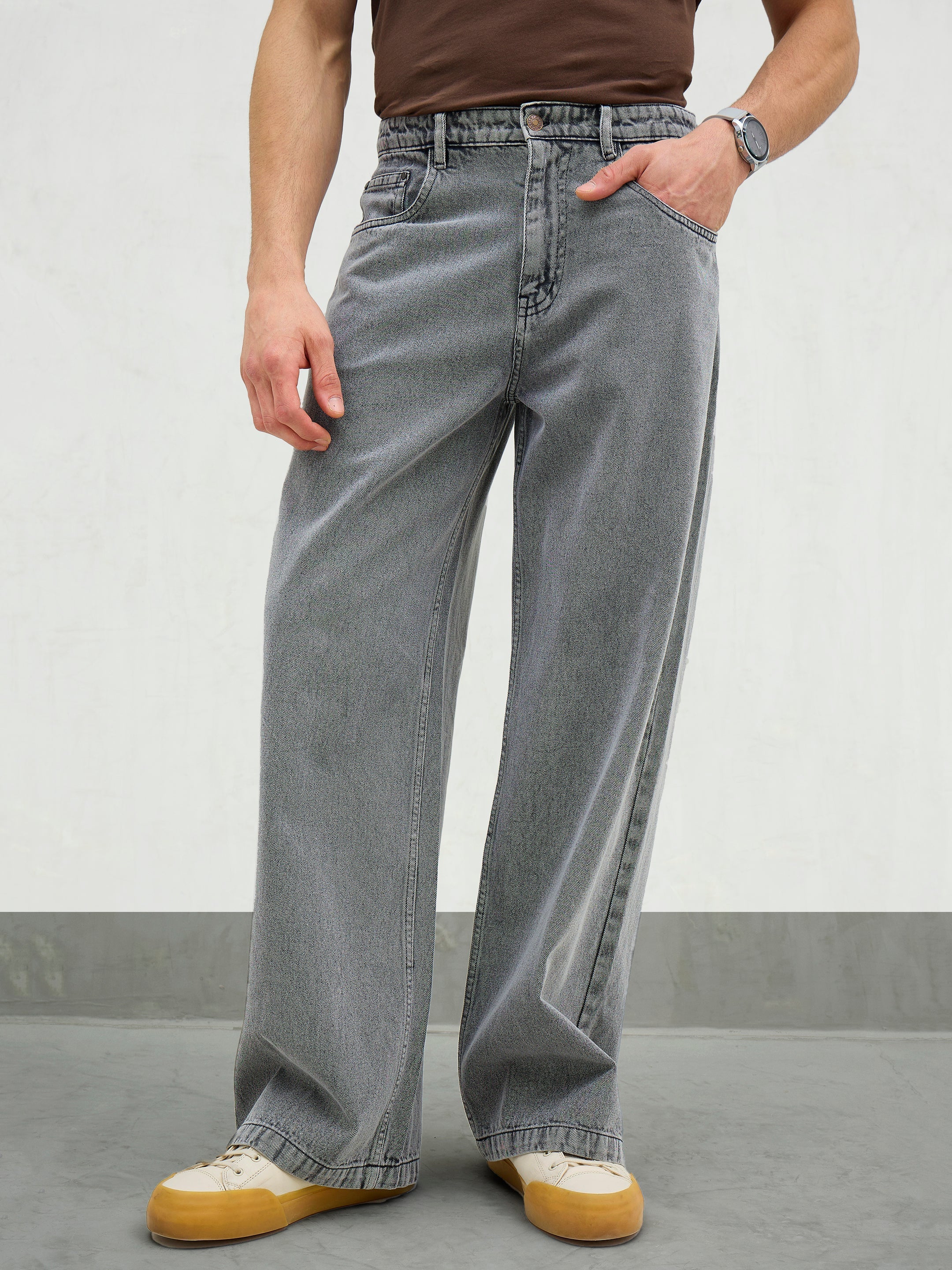 Men Light Grey Basic Wide Leg Jeans-MSJEAN0740