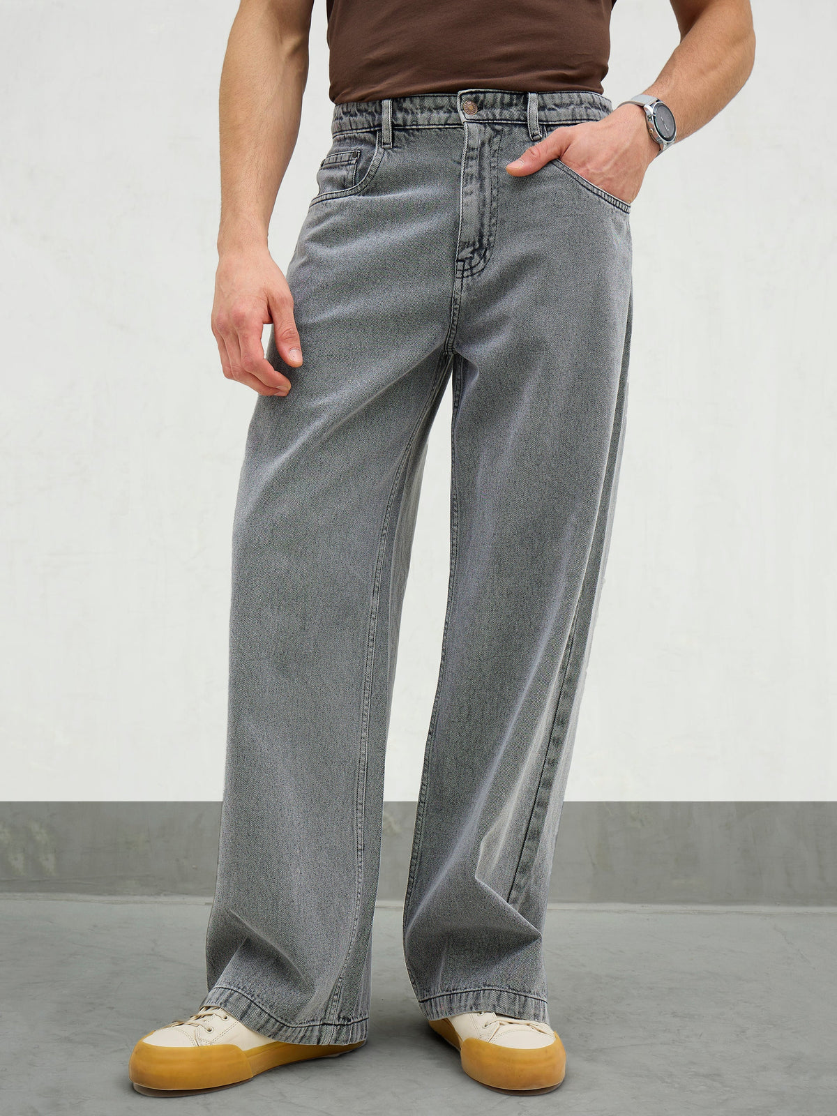 Men Light Grey Basic Wide Leg Jeans-MSJEAN0740