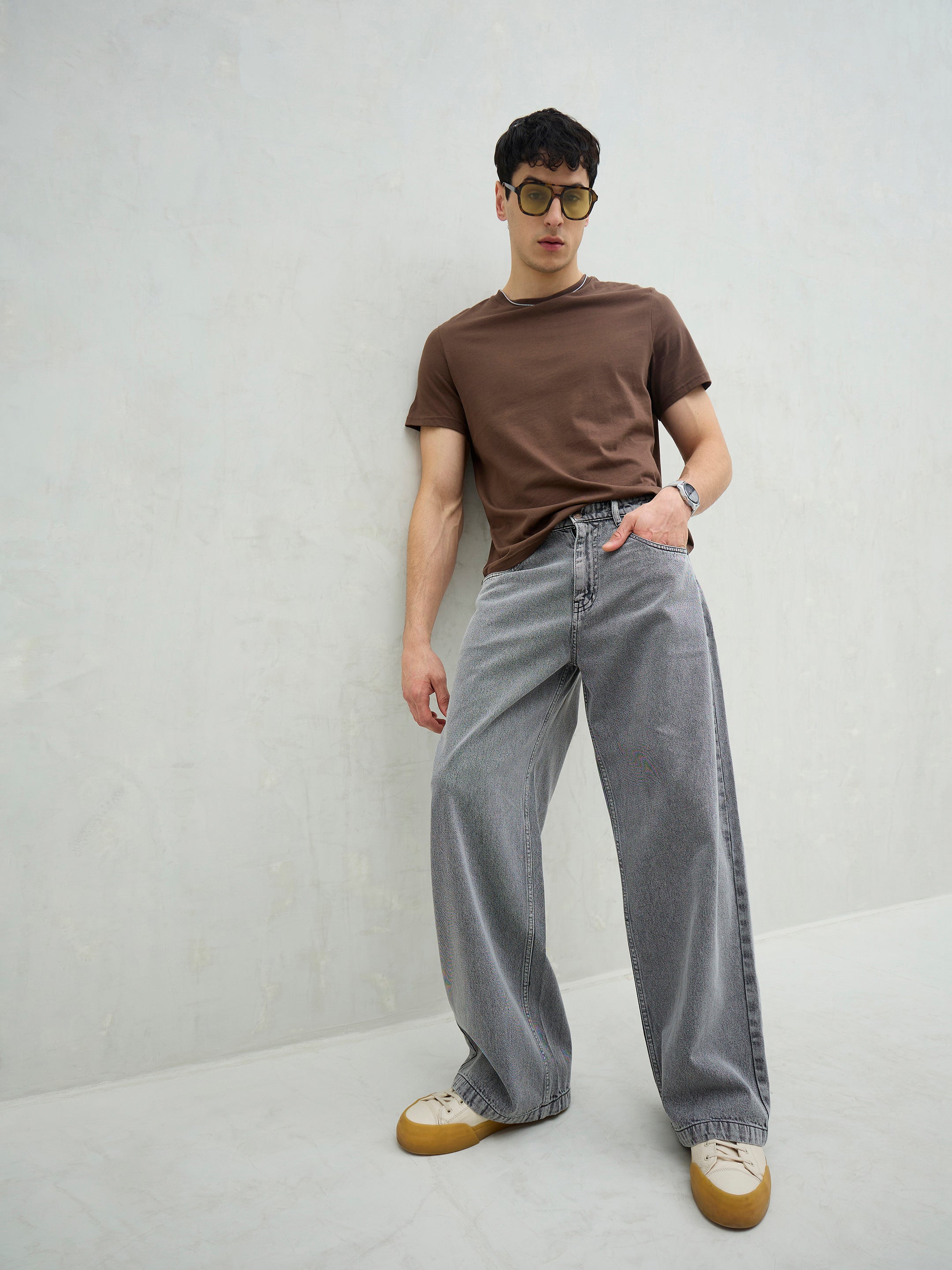 Men Light Grey Basic Wide Leg Jeans-MSJEAN0740