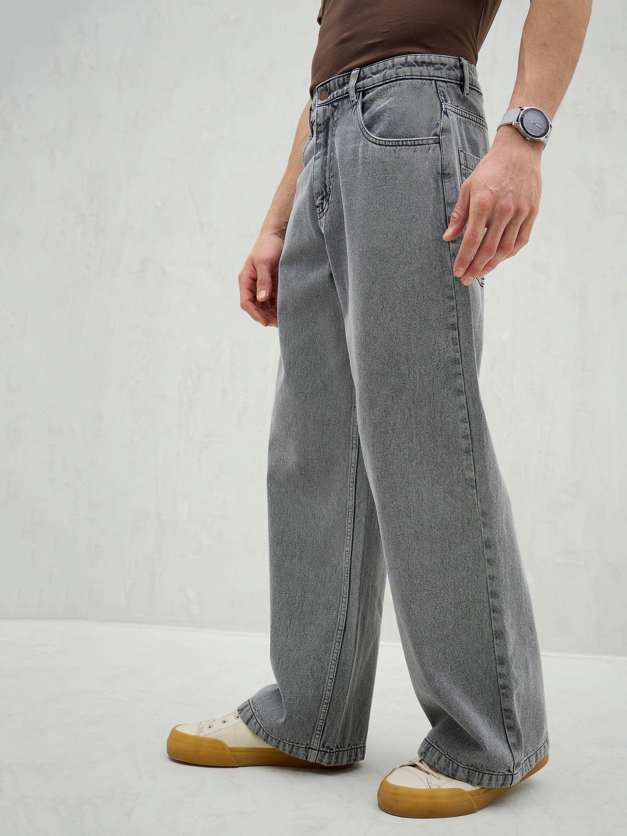 Men Light Grey Basic Wide Leg Jeans-MSJEAN0740