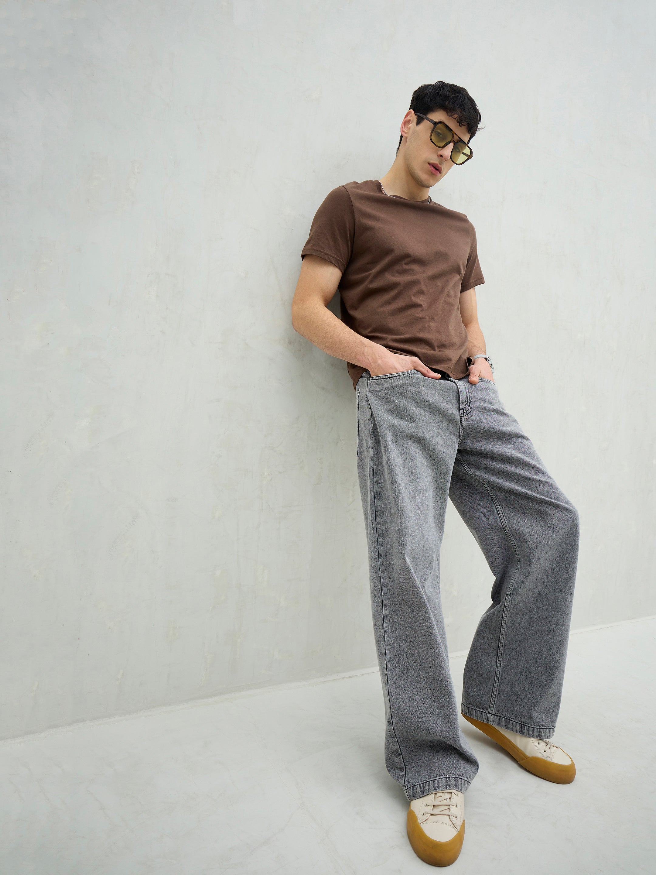 Men Light Grey Basic Wide Leg Jeans-MSJEAN0740