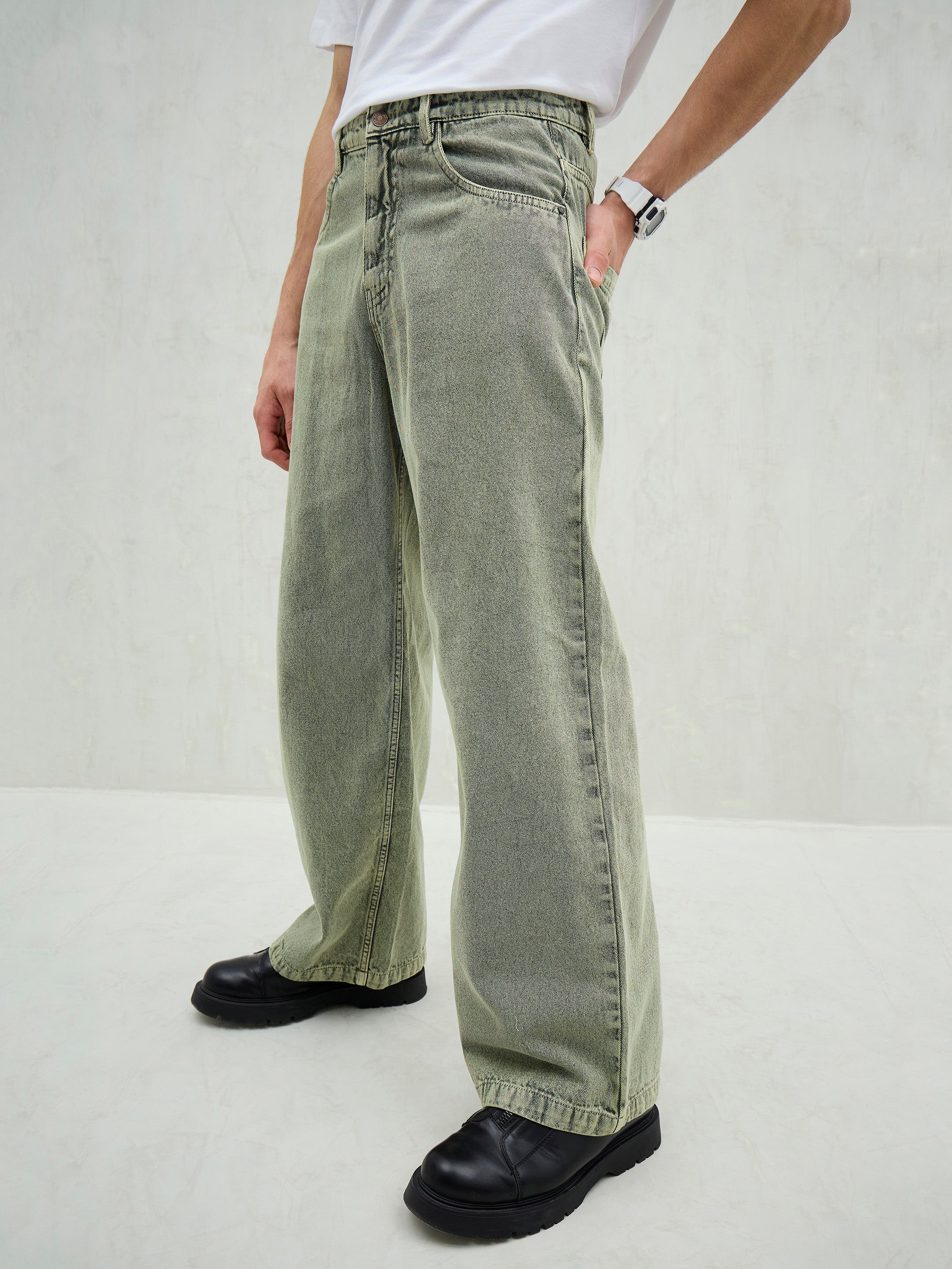 Men Light Green Basic Wide Leg Jeans-MSJEAN0741