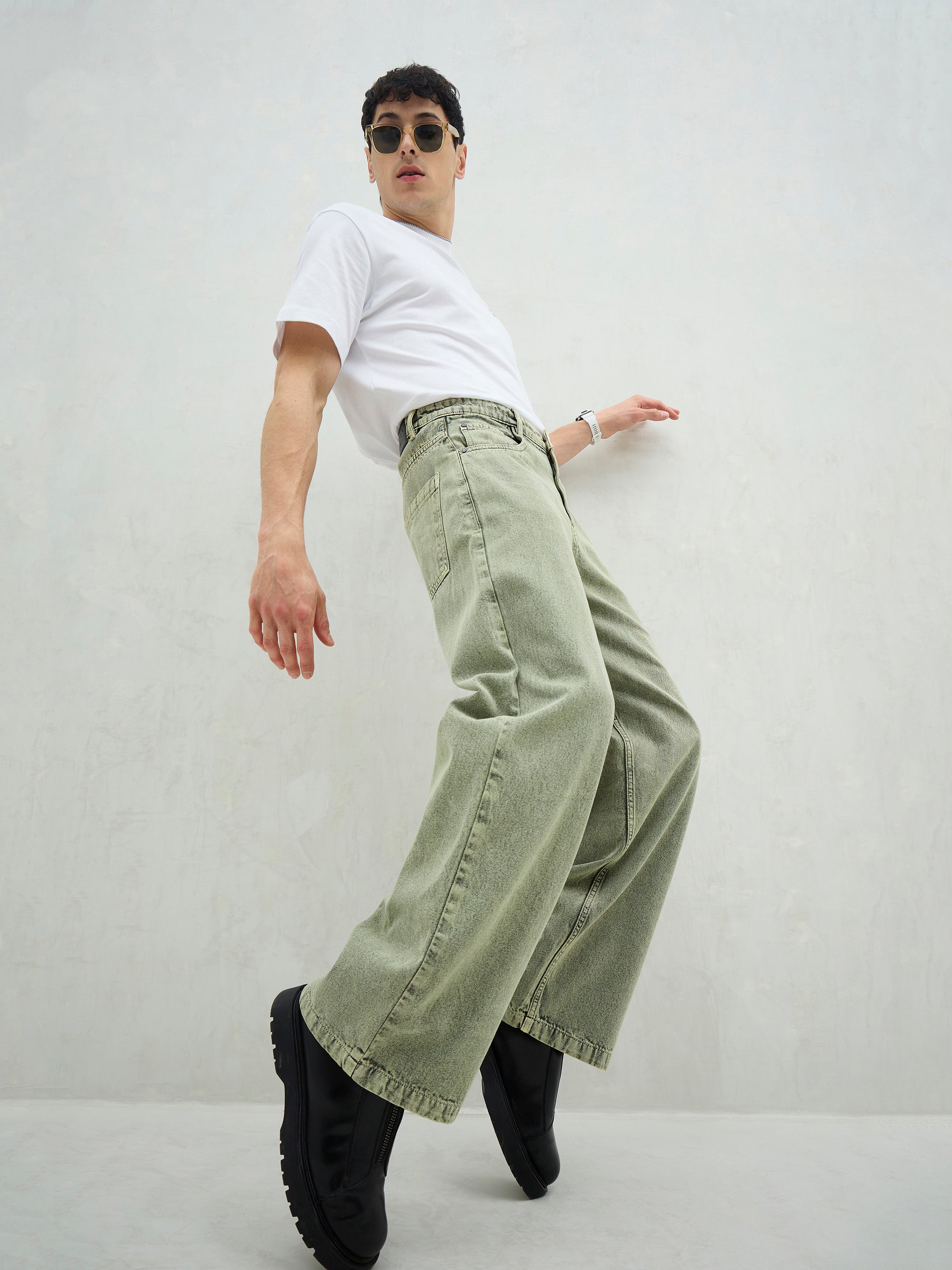 Men Light Green Basic Wide Leg Jeans-MSJEAN0741