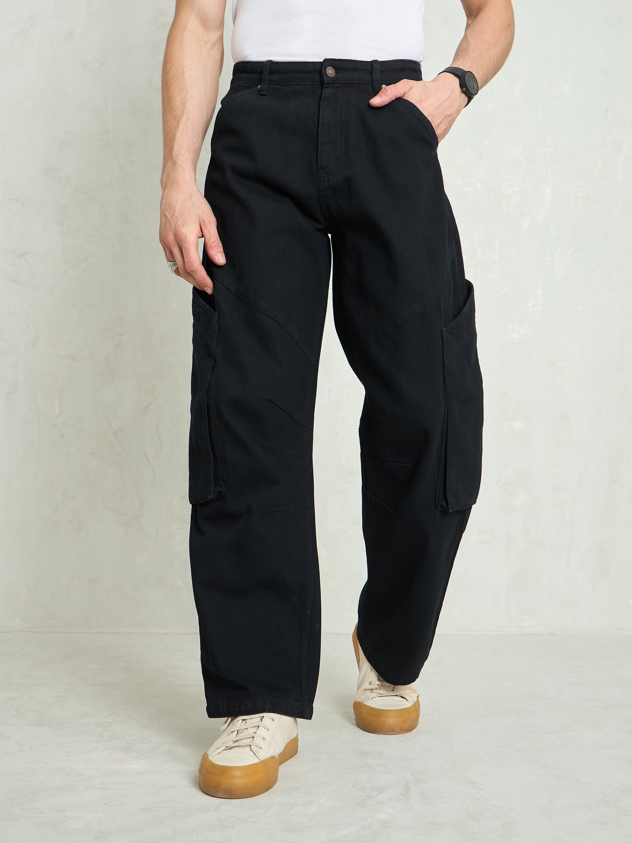 Men Black Big Cargo Pockets Wide Leg Jeans-MSJEAN0746