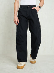 Men Black Big Cargo Pockets Wide Leg Jeans-MSJEAN0746