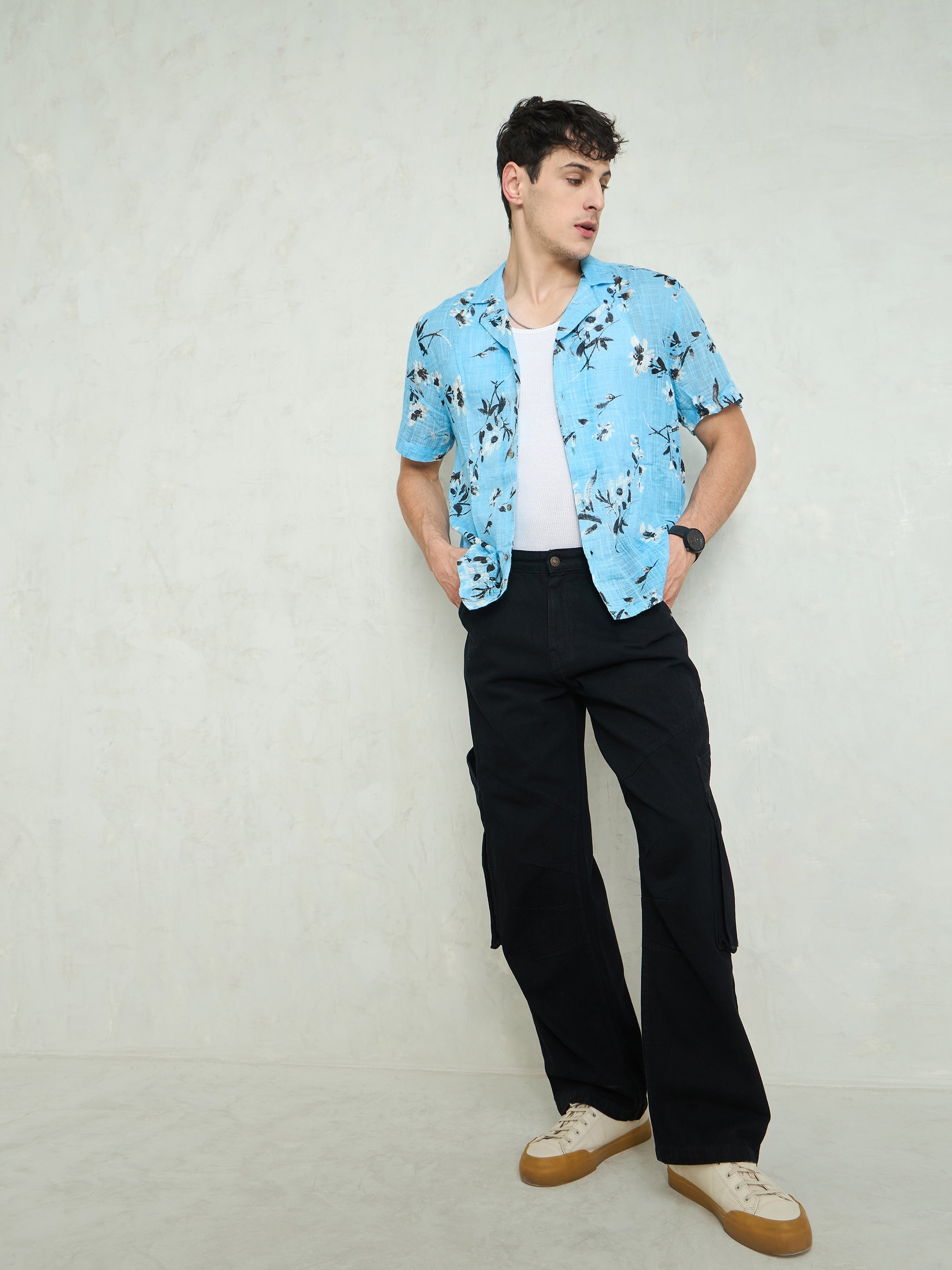 Men Black Big Cargo Pockets Wide Leg Jeans-MSJEAN0746