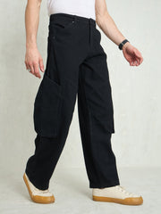 Men Black Big Cargo Pockets Wide Leg Jeans-MSJEAN0746