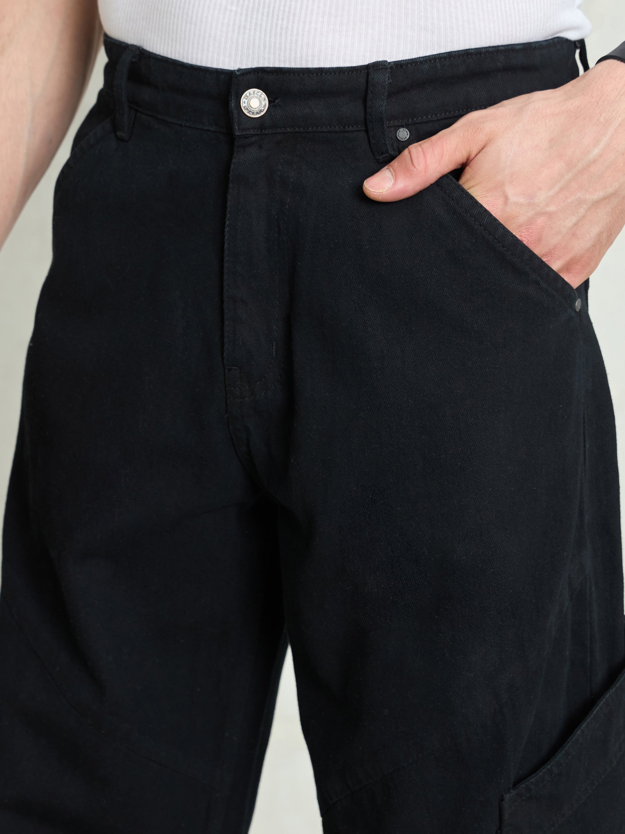 Men Black Big Cargo Pockets Wide Leg Jeans-MSJEAN0746