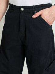 Men Black Big Cargo Pockets Wide Leg Jeans-MSJEAN0746