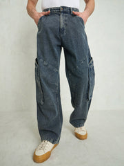 Men Blue Washed Big Cargo Pockets Wide Leg Jeans-MSJEAN0747