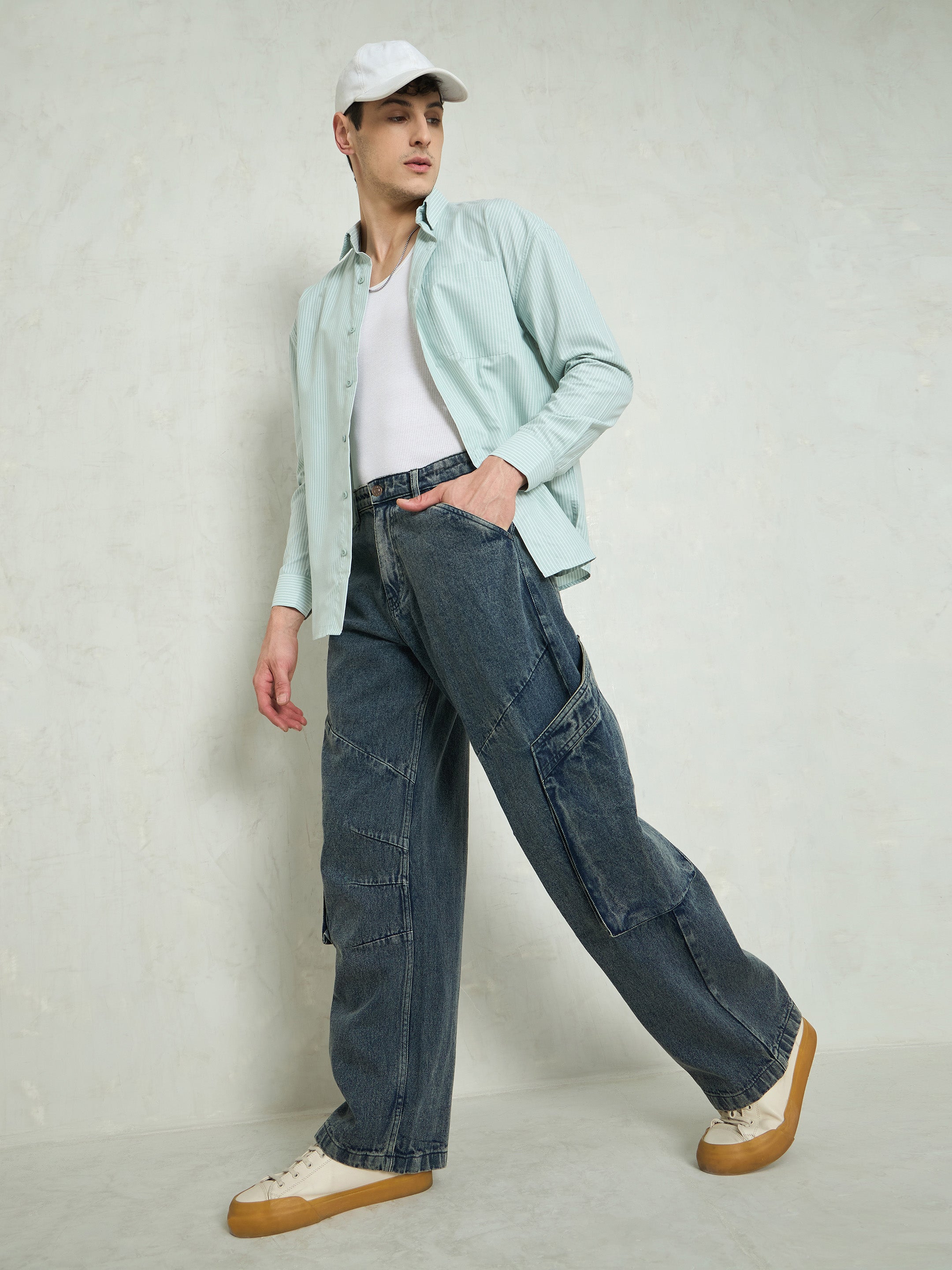 Men Blue Washed Big Cargo Pockets Wide Leg Jeans-MSJEAN0747