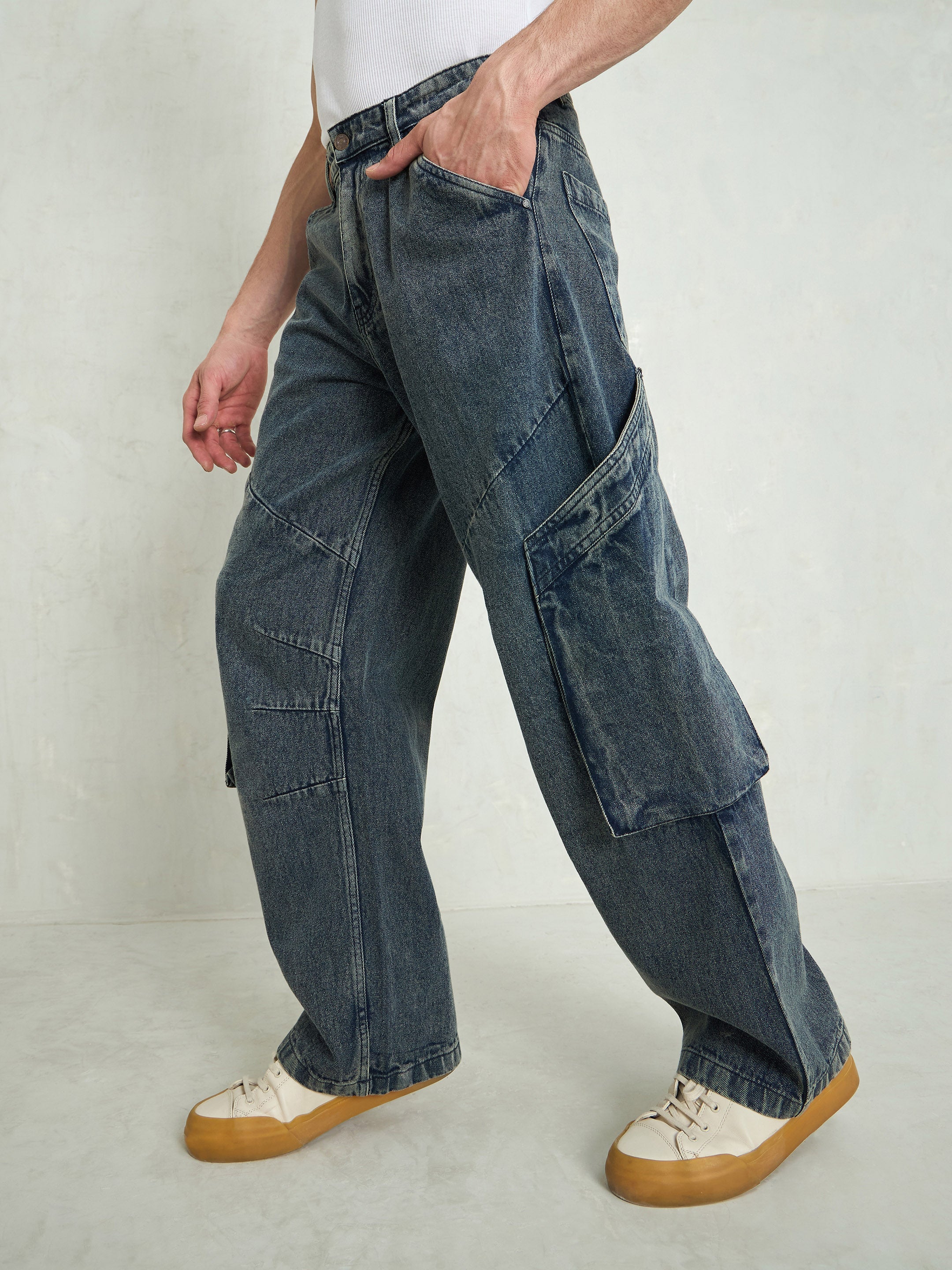 Men Blue Washed Big Cargo Pockets Wide Leg Jeans-MSJEAN0747