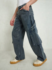 Men Blue Washed Big Cargo Pockets Wide Leg Jeans-MSJEAN0747