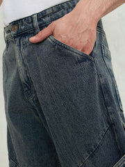 Men Blue Washed Big Cargo Pockets Wide Leg Jeans-MSJEAN0747