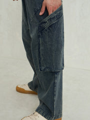 Men Blue Washed Big Cargo Pockets Wide Leg Jeans-MSJEAN0747