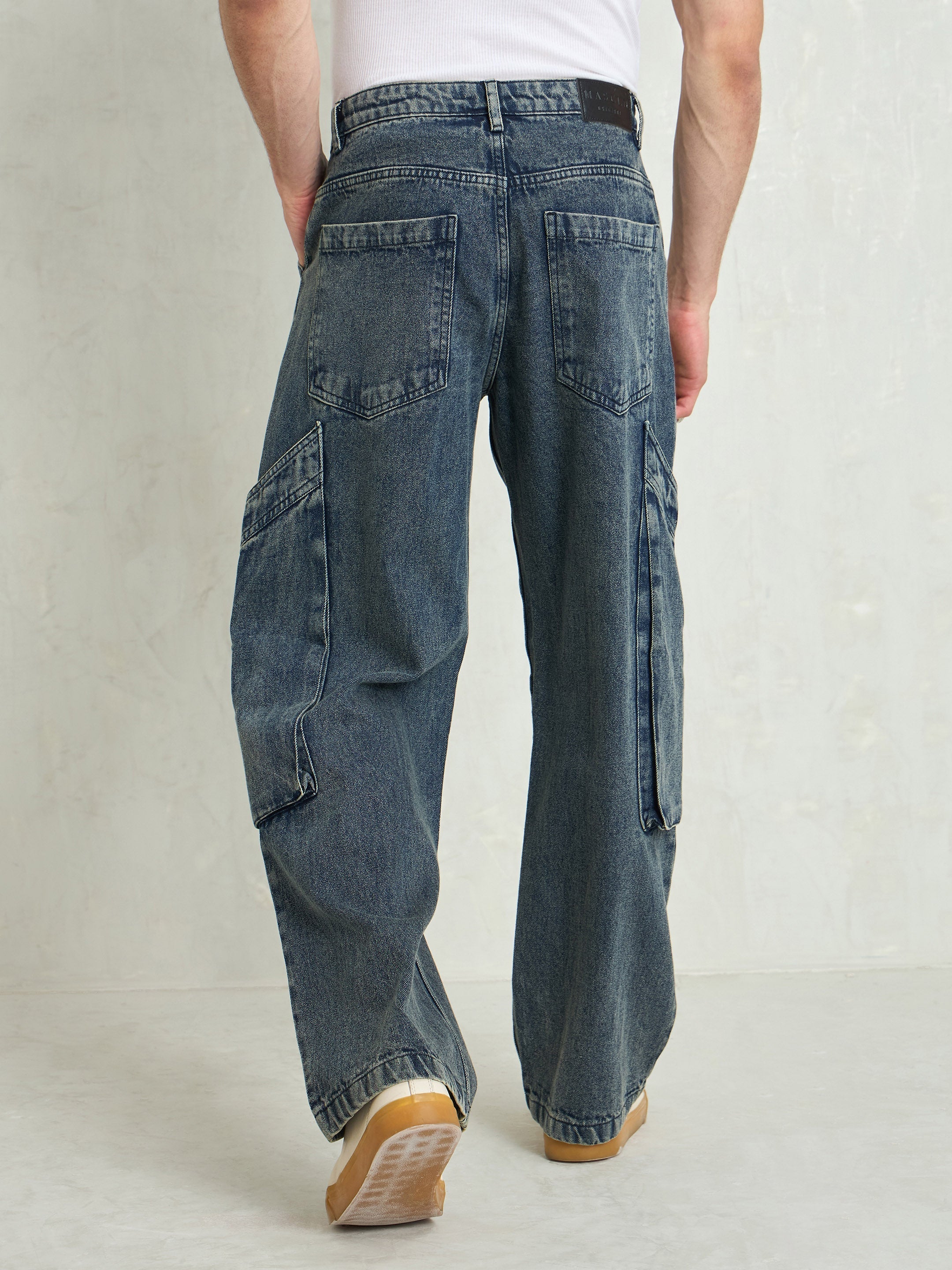 Men Blue Washed Big Cargo Pockets Wide Leg Jeans-MSJEAN0747