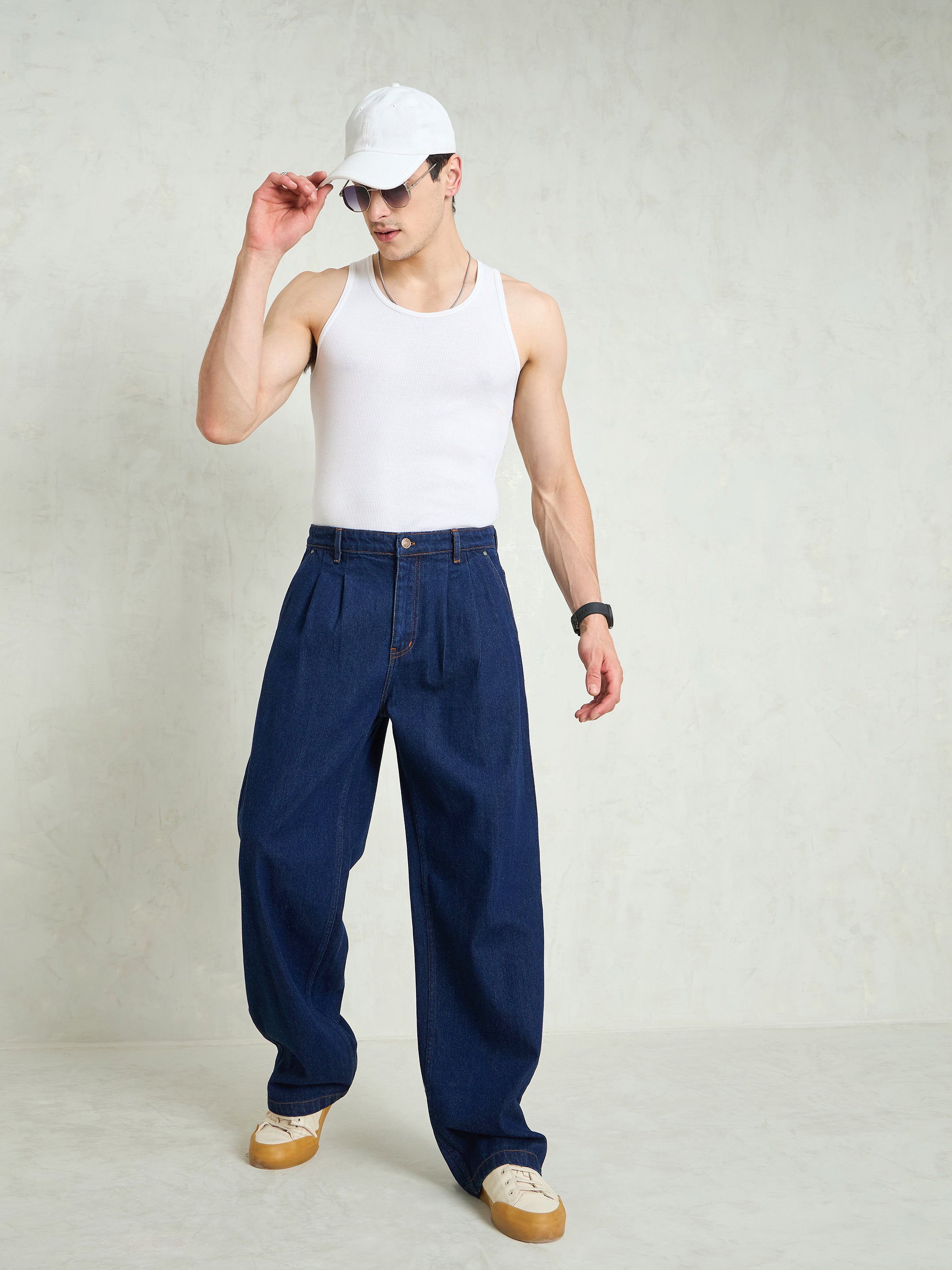 Men Navy Blue Front Dart Wide Leg Jeans-MSJEAN0749