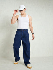 Men Navy Blue Front Dart Wide Leg Jeans-MSJEAN0749