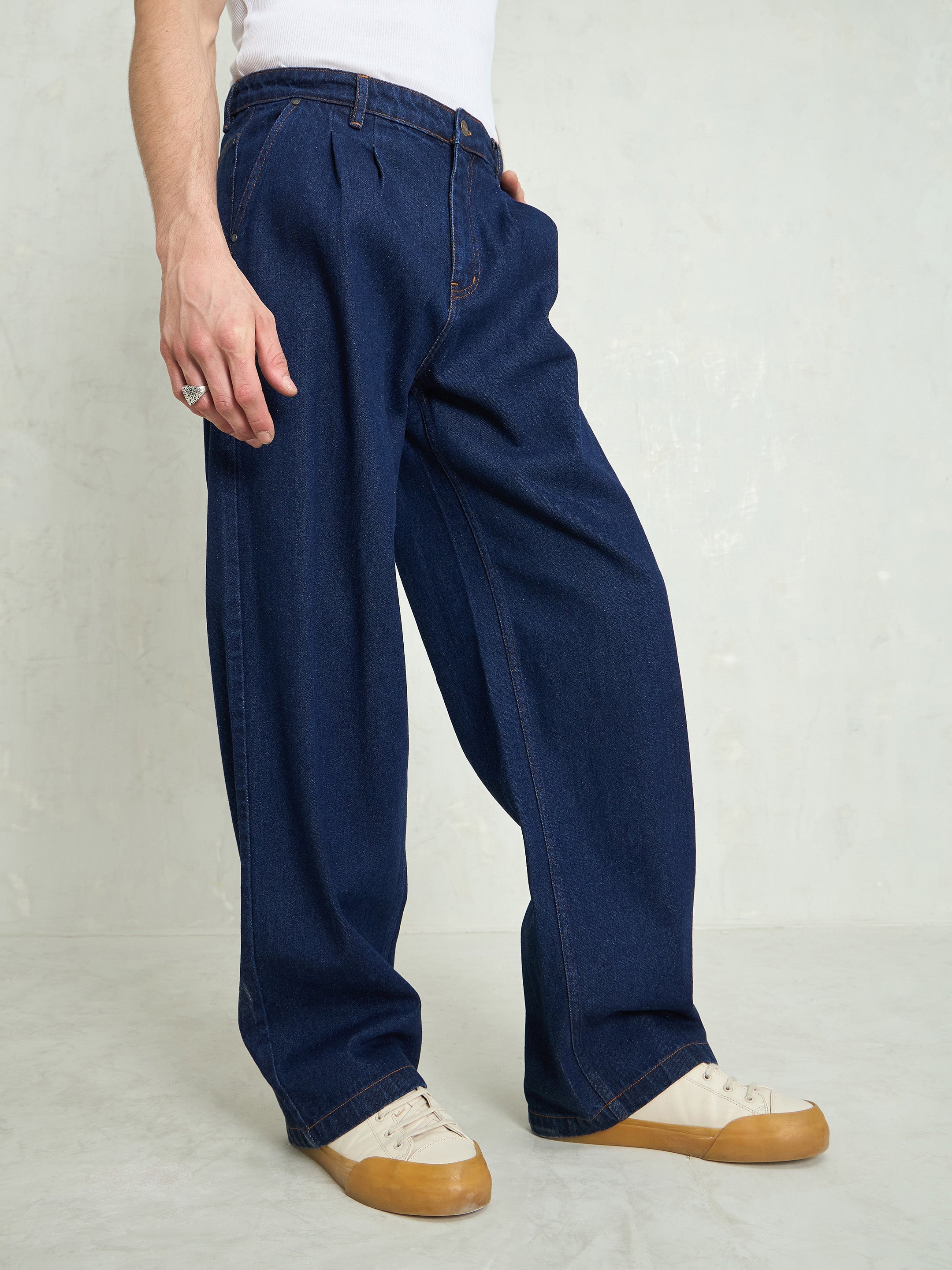 Men Navy Blue Front Dart Wide Leg Jeans-MSJEAN0749