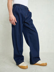 Men Navy Blue Front Dart Wide Leg Jeans-MSJEAN0749