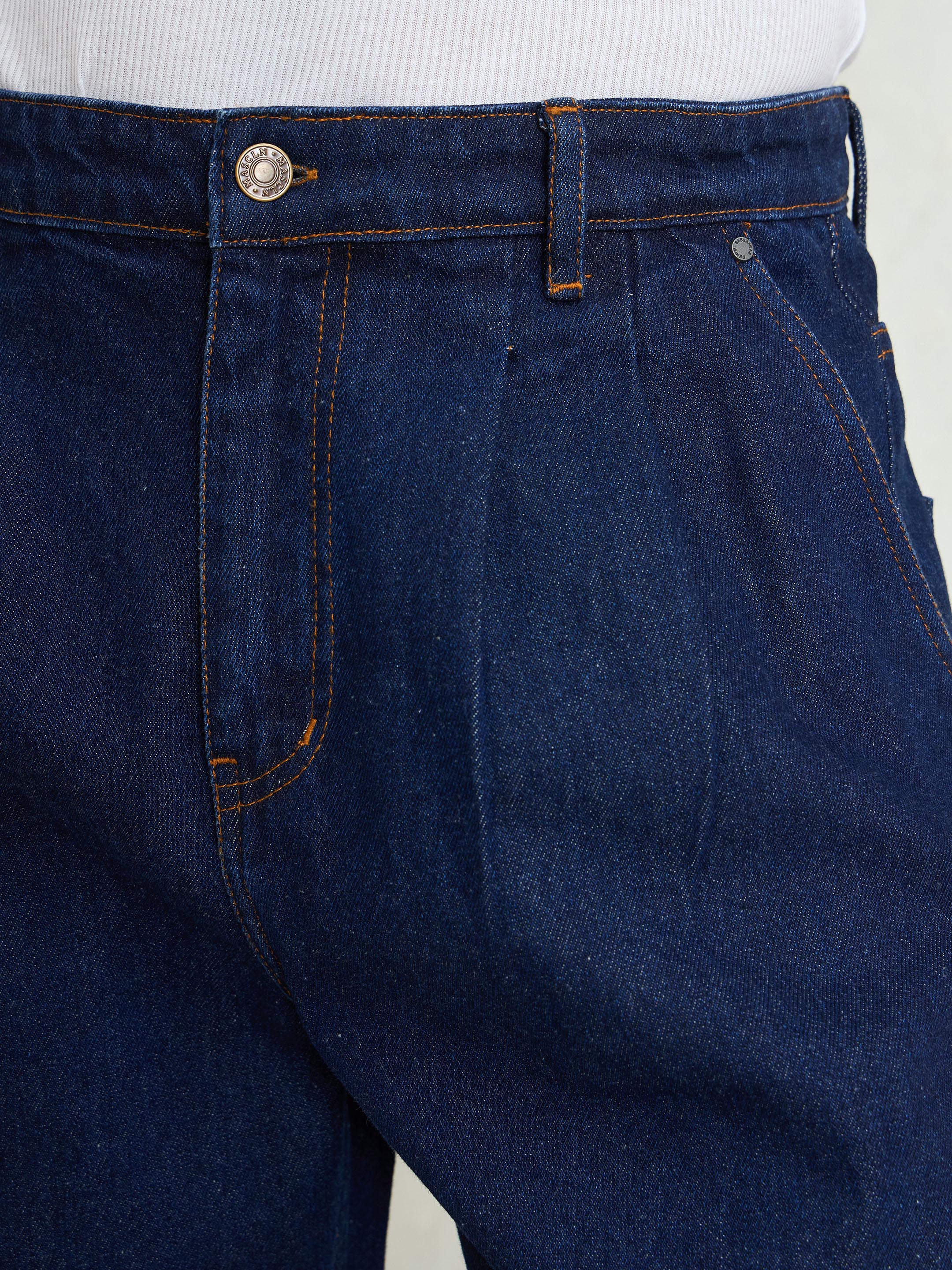 Men Navy Blue Front Dart Wide Leg Jeans-MSJEAN0749