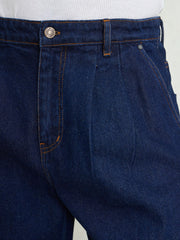 Men Navy Blue Front Dart Wide Leg Jeans-MSJEAN0749