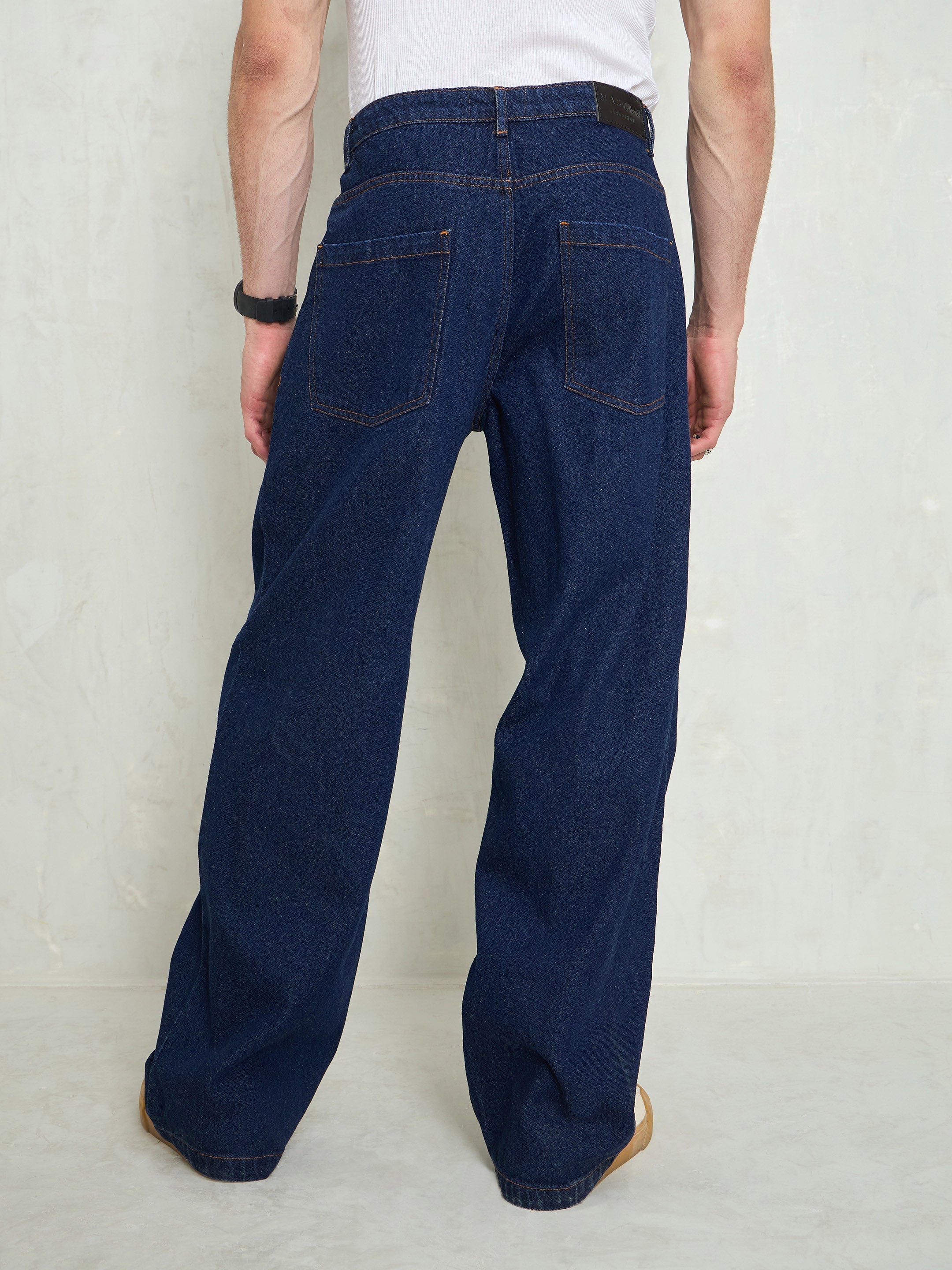 Men Navy Blue Front Dart Wide Leg Jeans-MSJEAN0749