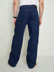 Men Navy Blue Front Dart Wide Leg Jeans-MSJEAN0749