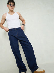 Men Navy Blue Front Dart Wide Leg Jeans-MSJEAN0749