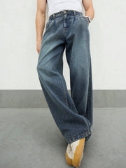 Men Blue Washed Front Dart Wide Leg Jeans-MSJEAN0750