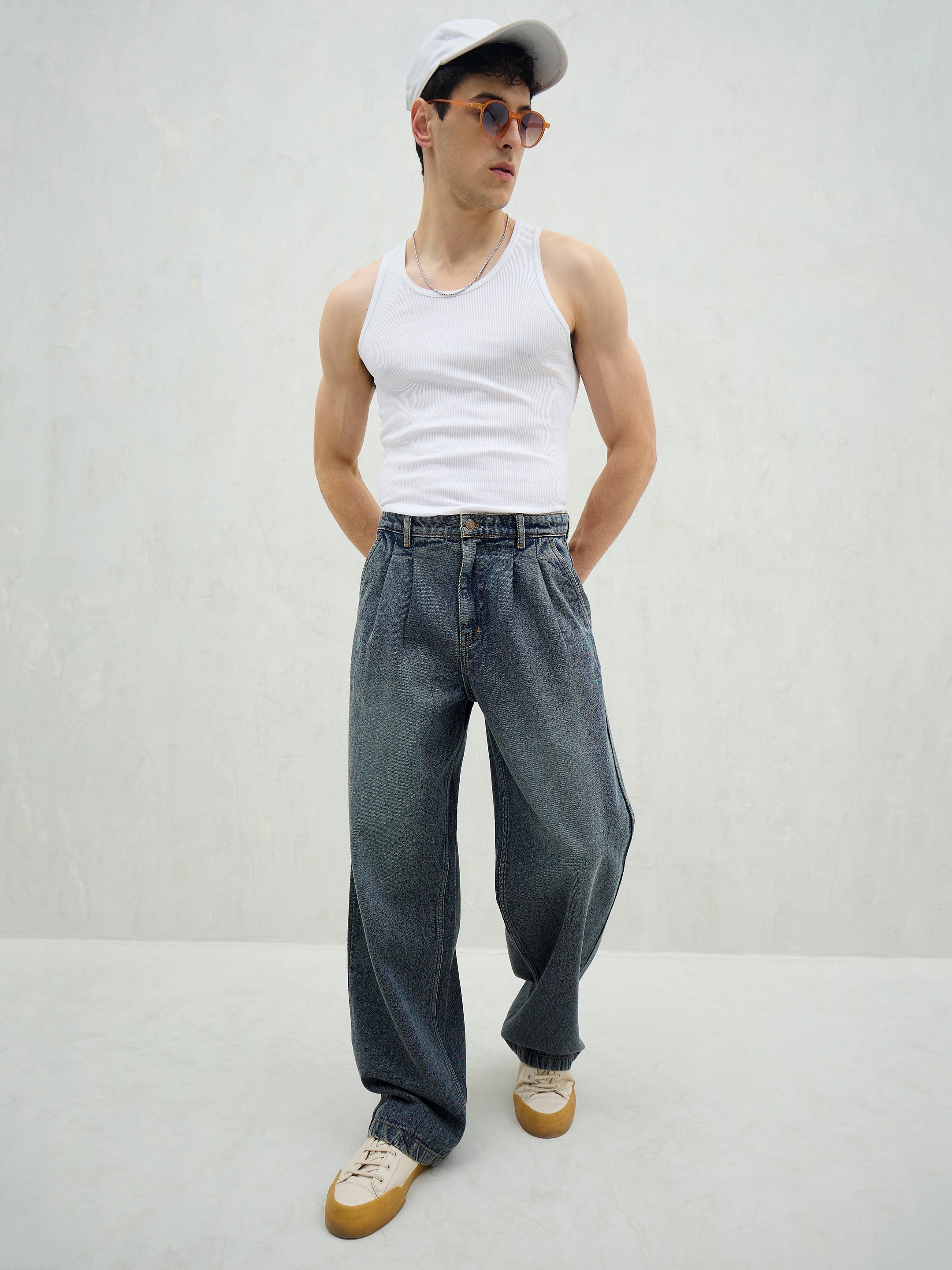 Men Blue Washed Front Dart Wide Leg Jeans-MSJEAN0750