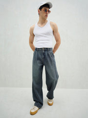 Men Blue Washed Front Dart Wide Leg Jeans-MSJEAN0750