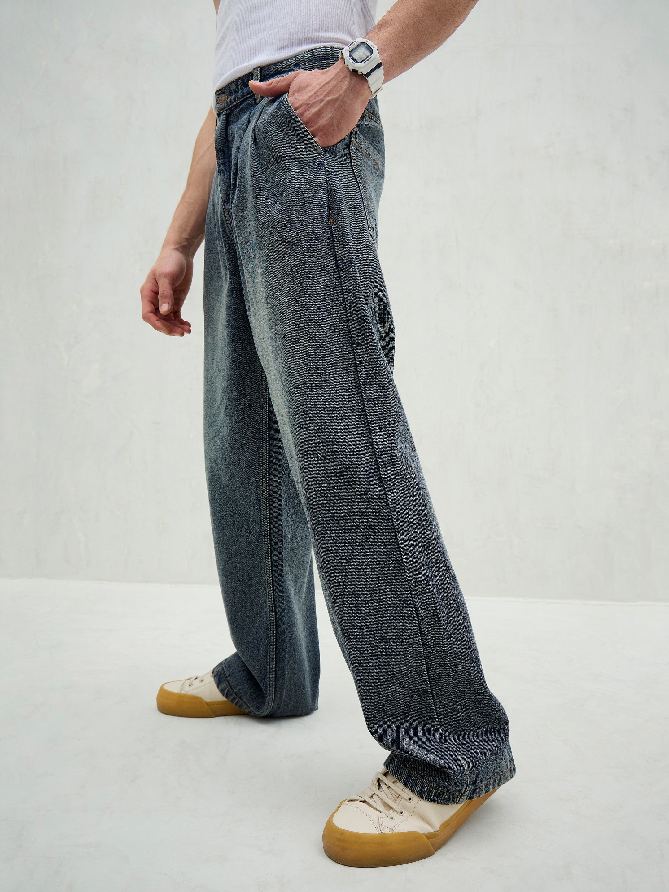 Men Blue Washed Front Dart Wide Leg Jeans-MSJEAN0750