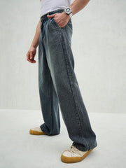 Men Blue Washed Front Dart Wide Leg Jeans-MSJEAN0750