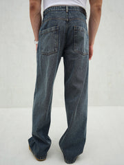 Men Blue Washed Front Dart Wide Leg Jeans-MSJEAN0750