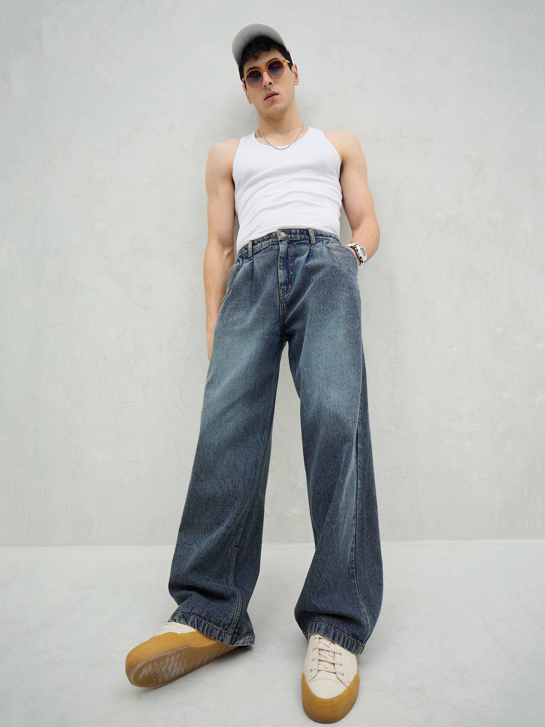 Men Blue Washed Front Dart Wide Leg Jeans-MSJEAN0750