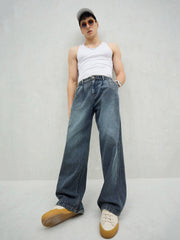 Men Blue Washed Front Dart Wide Leg Jeans-MSJEAN0750