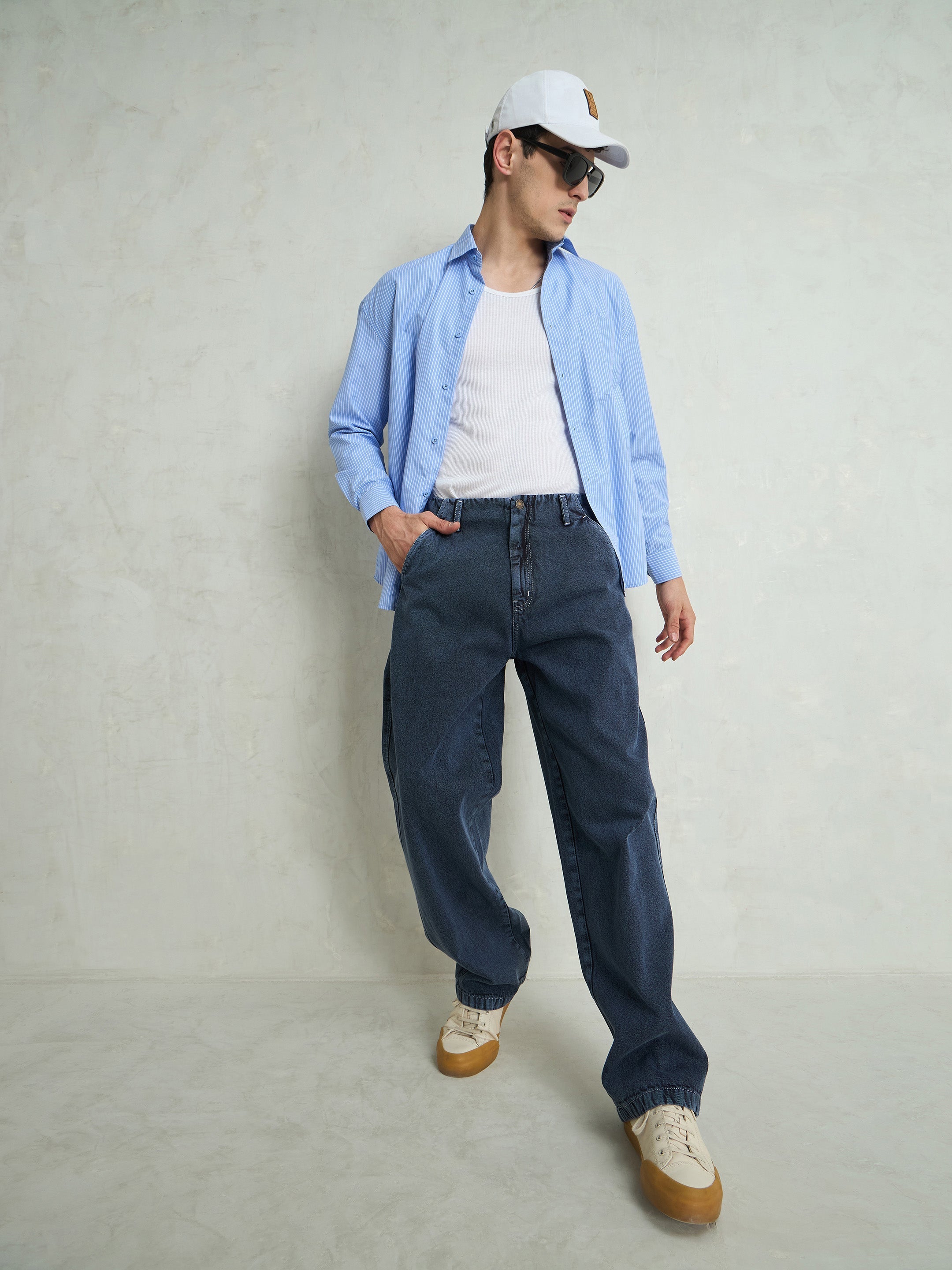Men Light Blue Contrast Thread Detail Wide Leg Jeans-MSJEAN0752
