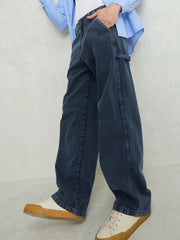 Men Light Blue Contrast Thread Detail Wide Leg Jeans-MSJEAN0752