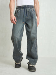Men Blue Washed Knee Dart Wide Leg Jeans-MSJEAN0754