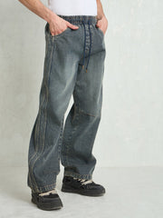 Men Blue Washed Knee Dart Wide Leg Jeans-MSJEAN0754