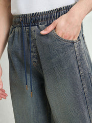 Men Blue Washed Knee Dart Wide Leg Jeans-MSJEAN0754
