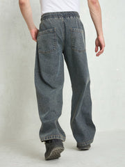 Men Blue Washed Knee Dart Wide Leg Jeans-MSJEAN0754